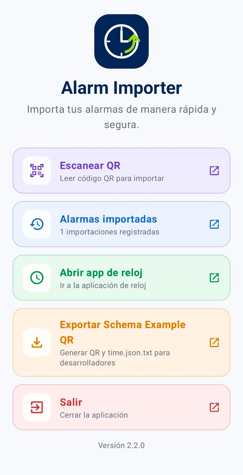 Captura de la app Alarm Importer para Android compatible con la exportación de alarmas por QR de WorkFlow Planner Pro
